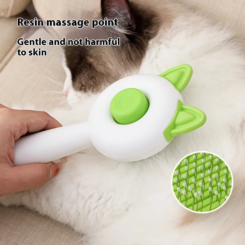 Self-cleaning pet grooming brush with stainless steel teeth in greenish white colour