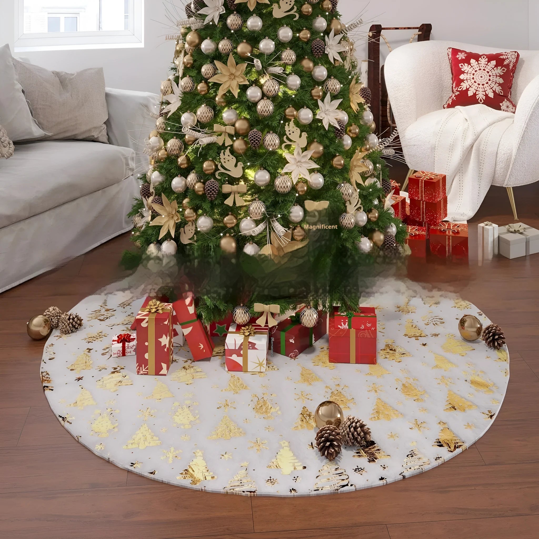 Plush Christmas tree floor mat with detailed gilding snowflake design, shown in multiple sizes.