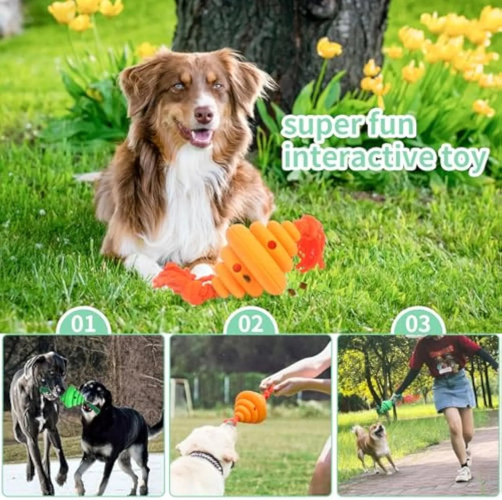 Green and yellow silicone dog ball with rope handle for tug-of-war and treat dispensing