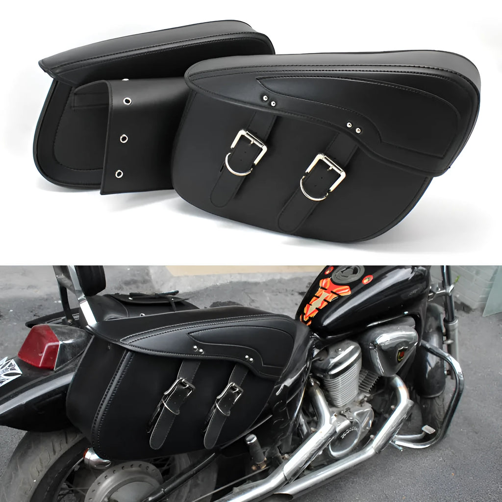 Black retro style PU leather motorcycle saddle bag mounted on a bike side.