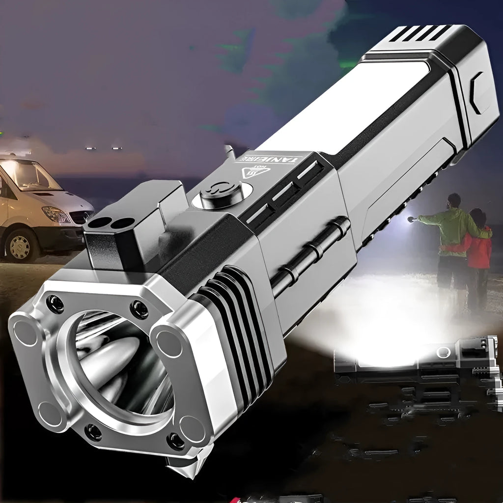 Silver portable LED flashlight with power bank functionality and IP44 rating