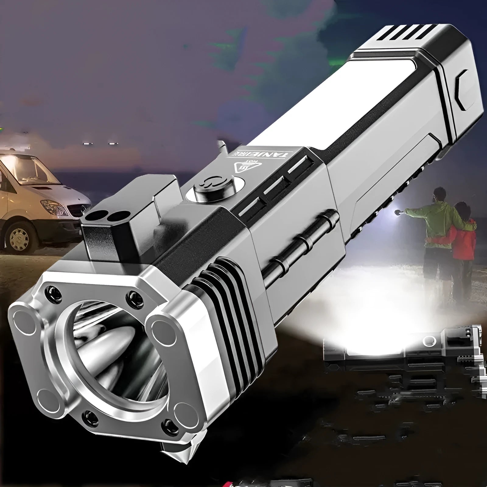 Silver portable LED flashlight with power bank functionality and IP44 rating