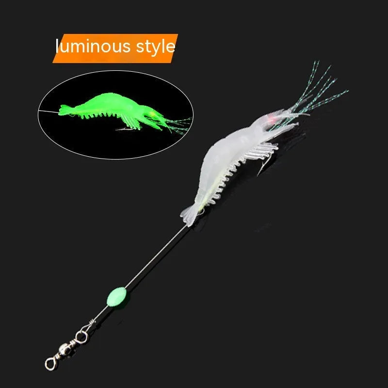 Six Luer soft fishing lures with hooks in assorted colours including black head yellow body and luminous pink