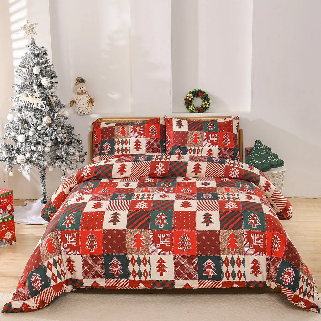 Red plaid patterned bedding three-piece set showing quilt cover and pillowcases
