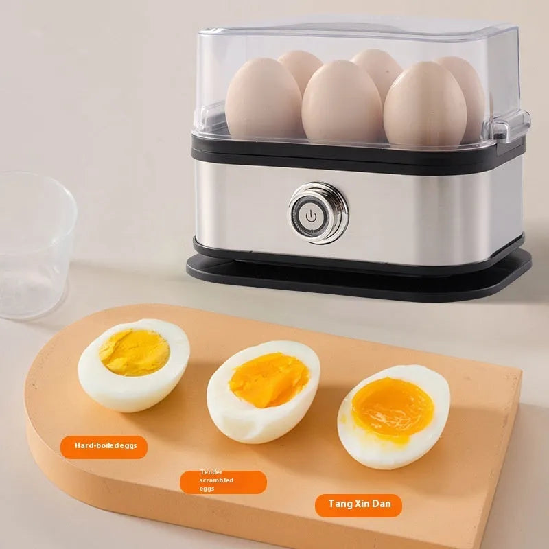 Black stainless steel portable egg boiler with universal voltage and international plug compatibility