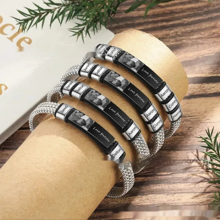 Men's titanium steel rope bracelet with heart-shaped lettering charm on wrist