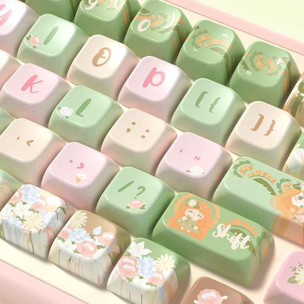 Custom printed Summer Garden theme mechanical keyboard keycaps, showing 138-key and 158-key set options.