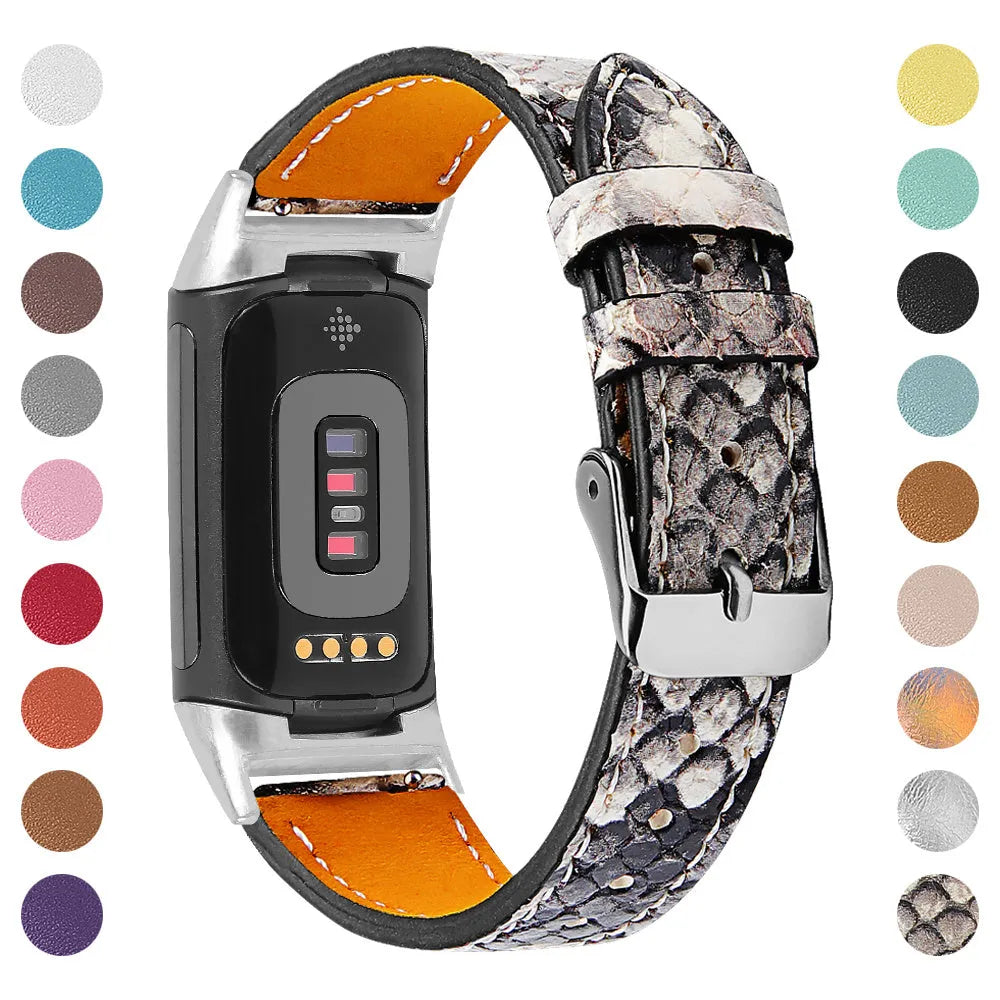 Genuine leather strap for Fitbit Charge 5 and Charge 6 smartwatches in multiple colour options.