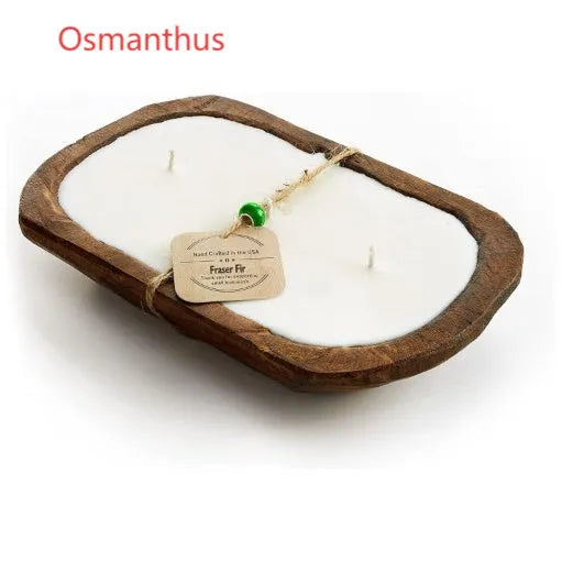 Retro wooden basin container with a triple-wick soy aromatherapy candle in lavender scent