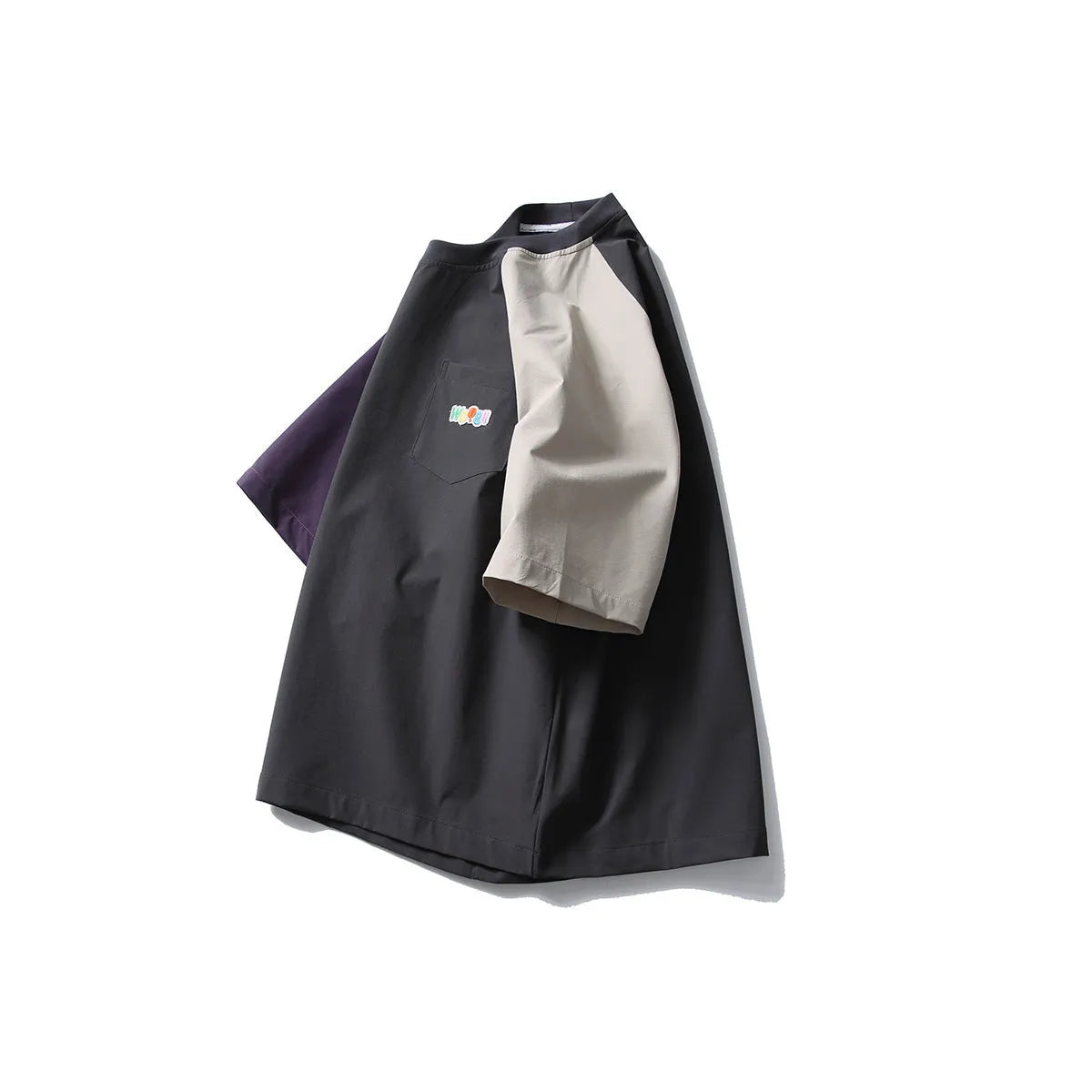 Dark grey men's loose fit T-shirt with contrast colour panels and raglan sleeves.