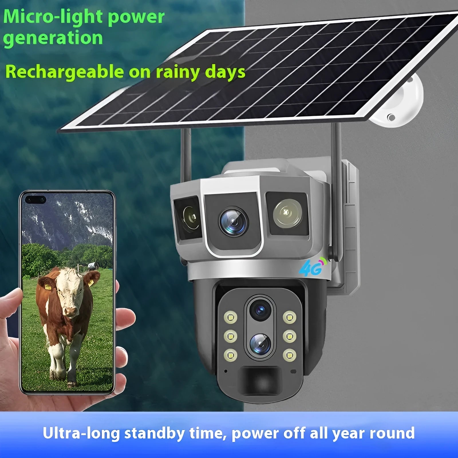 V380 outdoor security camera with solar panel, featuring 10x zoom and 4G connectivity