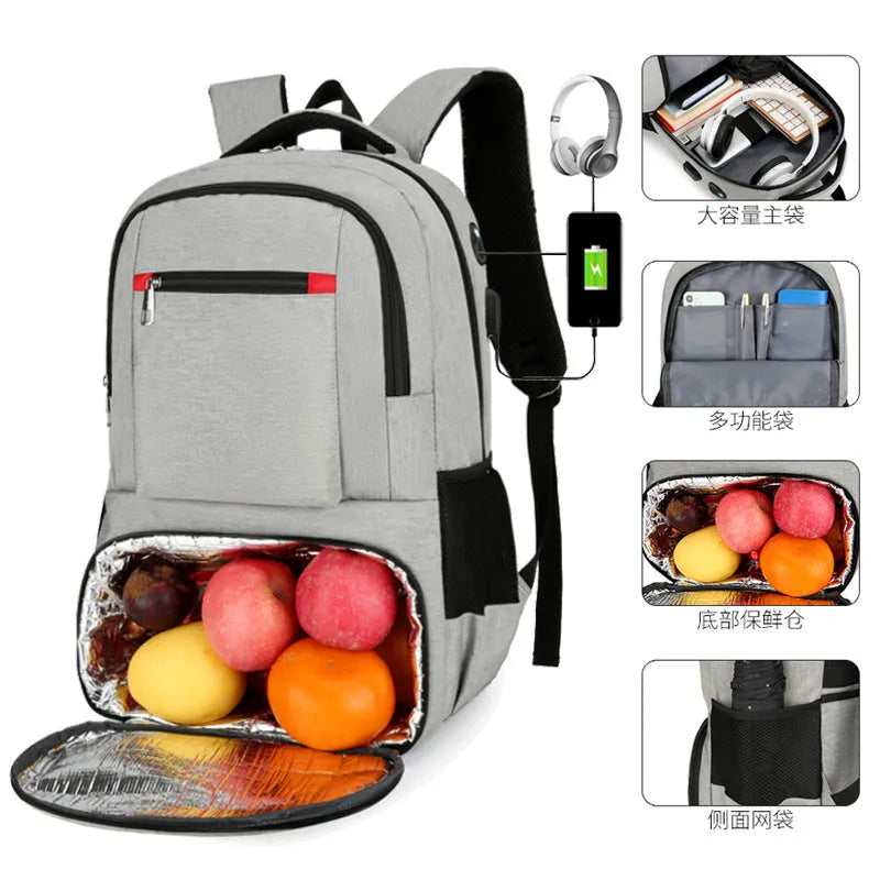 Light grey oxford cloth insulated backpack with curved shoulder straps and top handle.