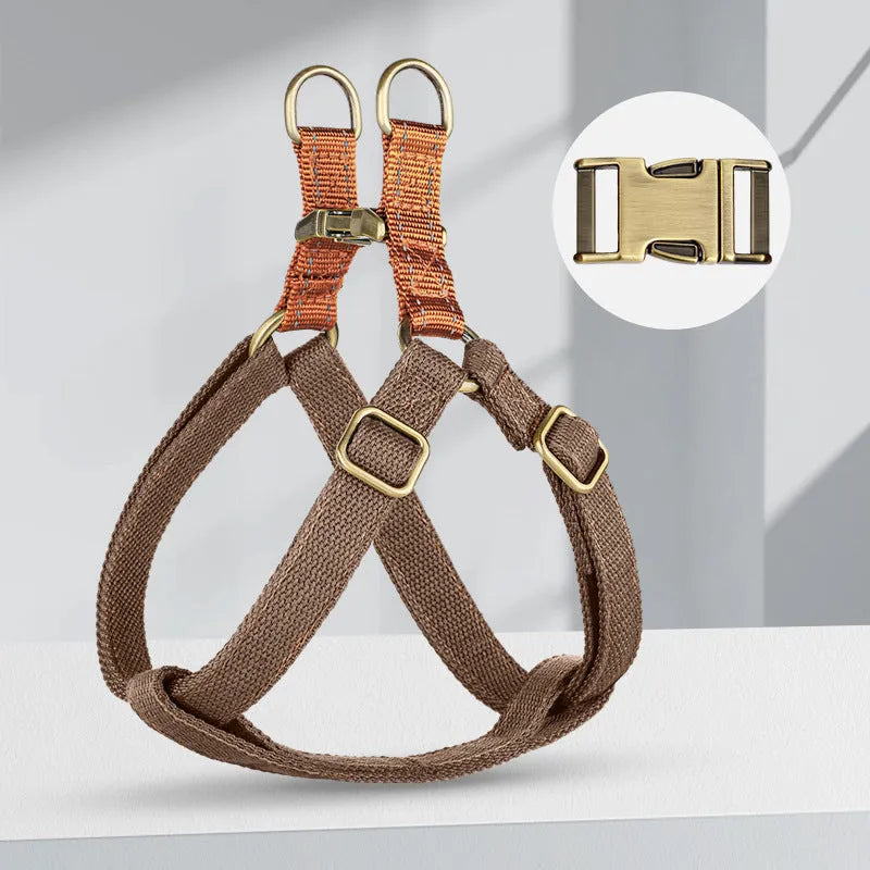 Vest-style anti-loss dog leash with adjustable cotton belt in brown colour