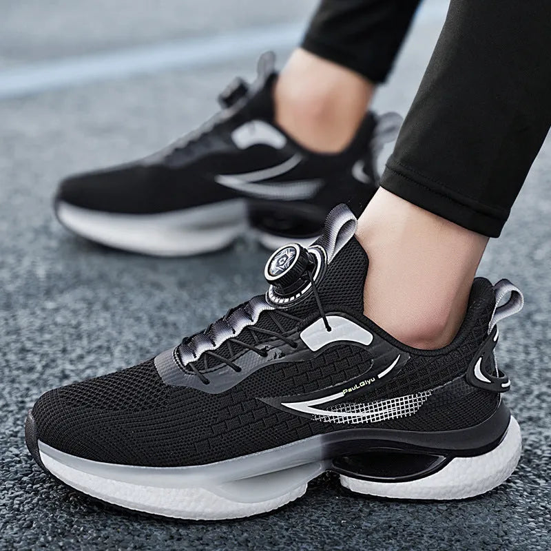 Men's white Korean style low-top running shoes with a rotating buckle closure and mesh upper.