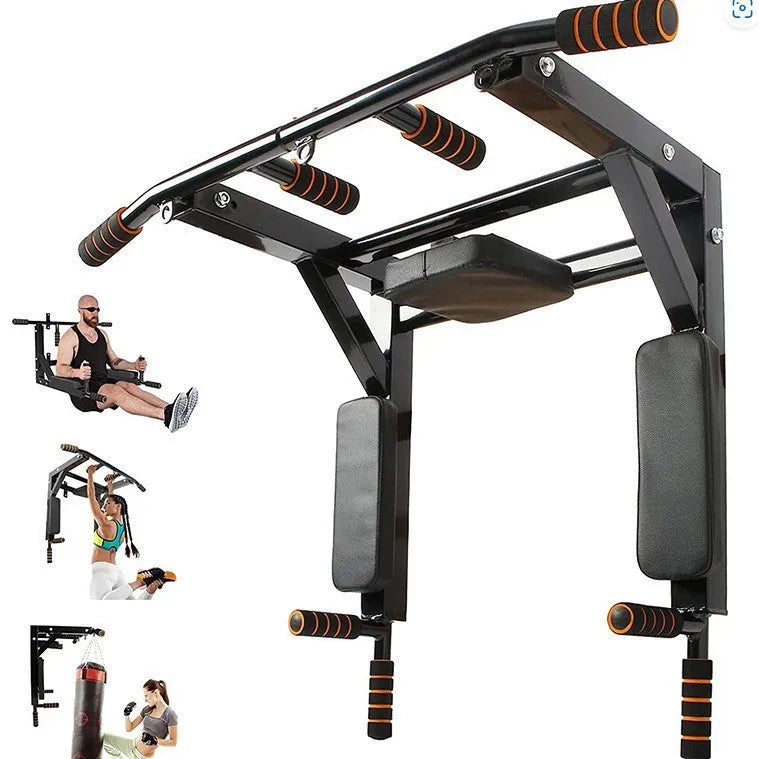 Black steel wall-mounted fitness rack with parallel bars for pull-up exercises