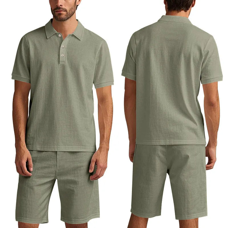 Men's light-coloured linen shorts suit with short sleeve top and matching shorts for summer casual wear