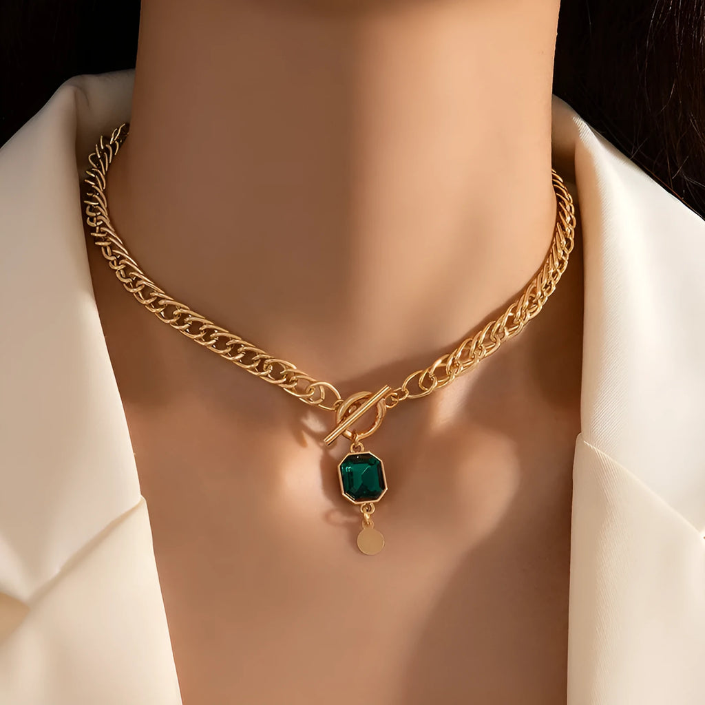 French retro emerald zircon pendant necklace with gold titanium steel Cuban link chain