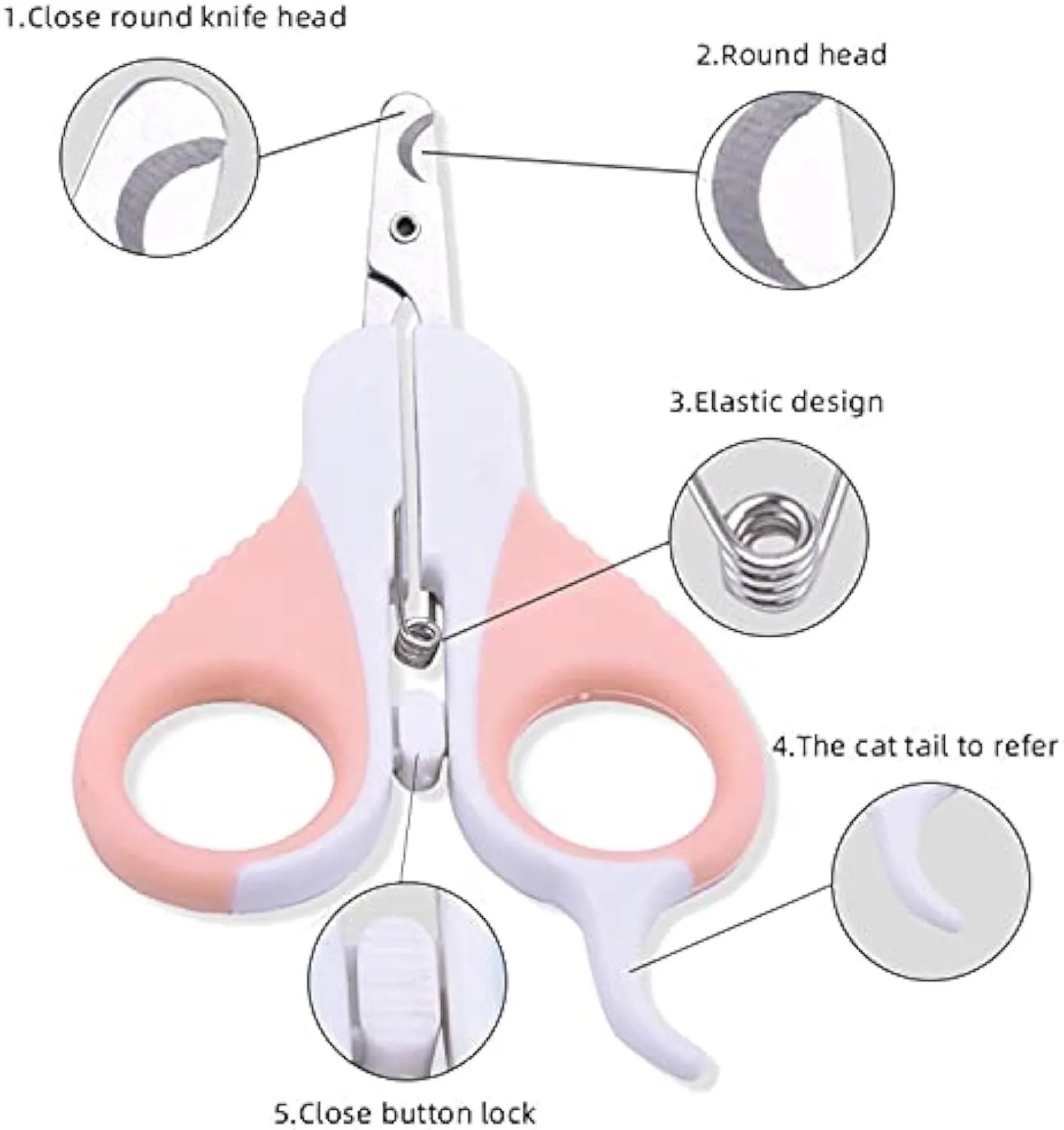 Grey and pink cat nail clippers with angled blade and safety lock for small pets