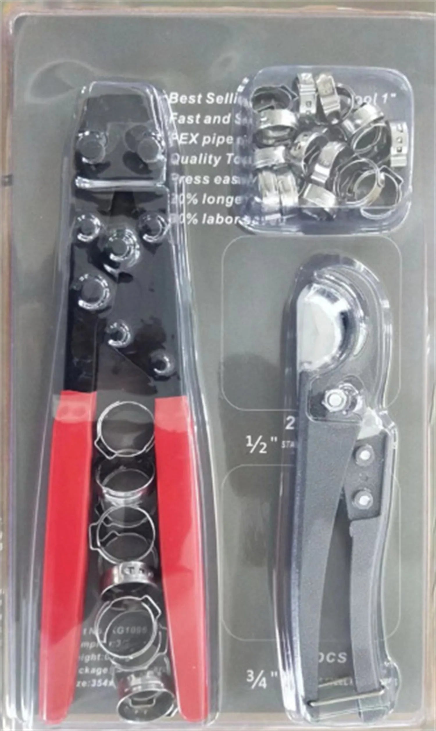 Red cloth pouch containing PEX clamp tool set with single ear clamp
