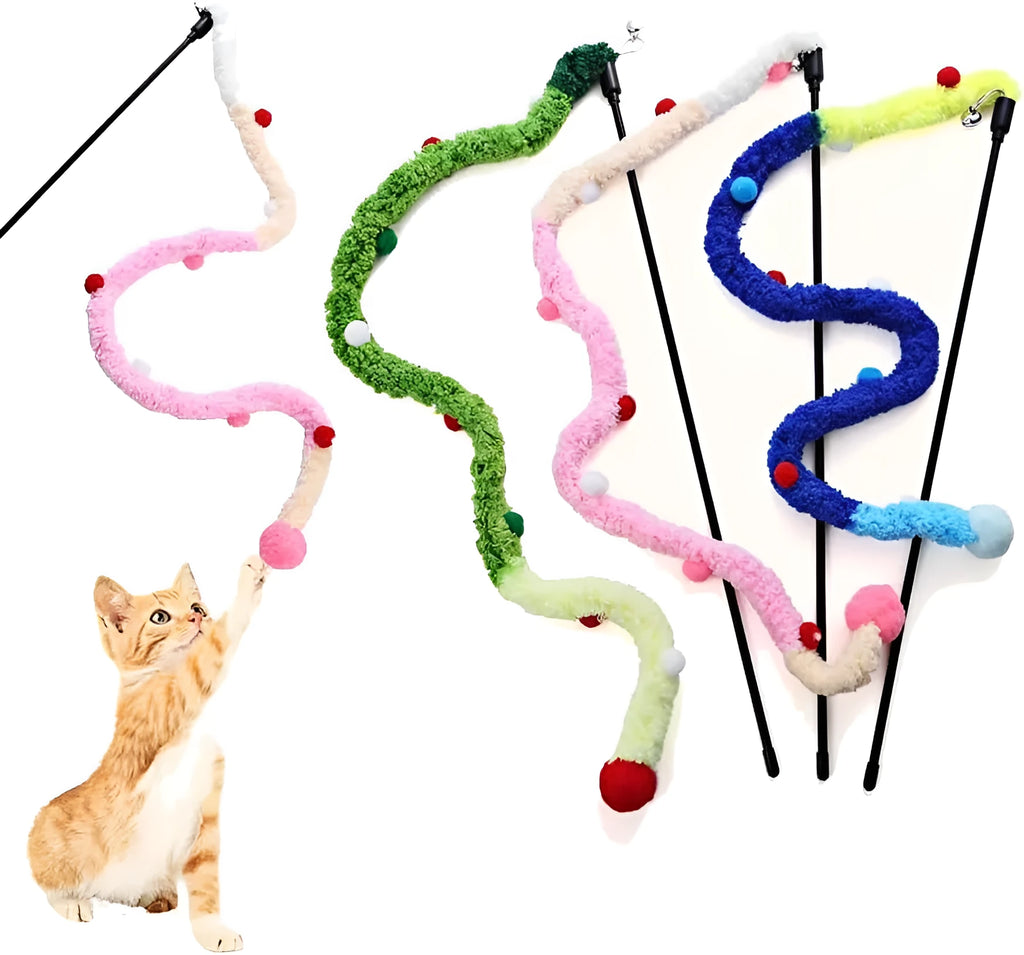 Blue green pink plush strip cat wand toy with 41cm pole and 60cm colourful strip with fluffy bell ball