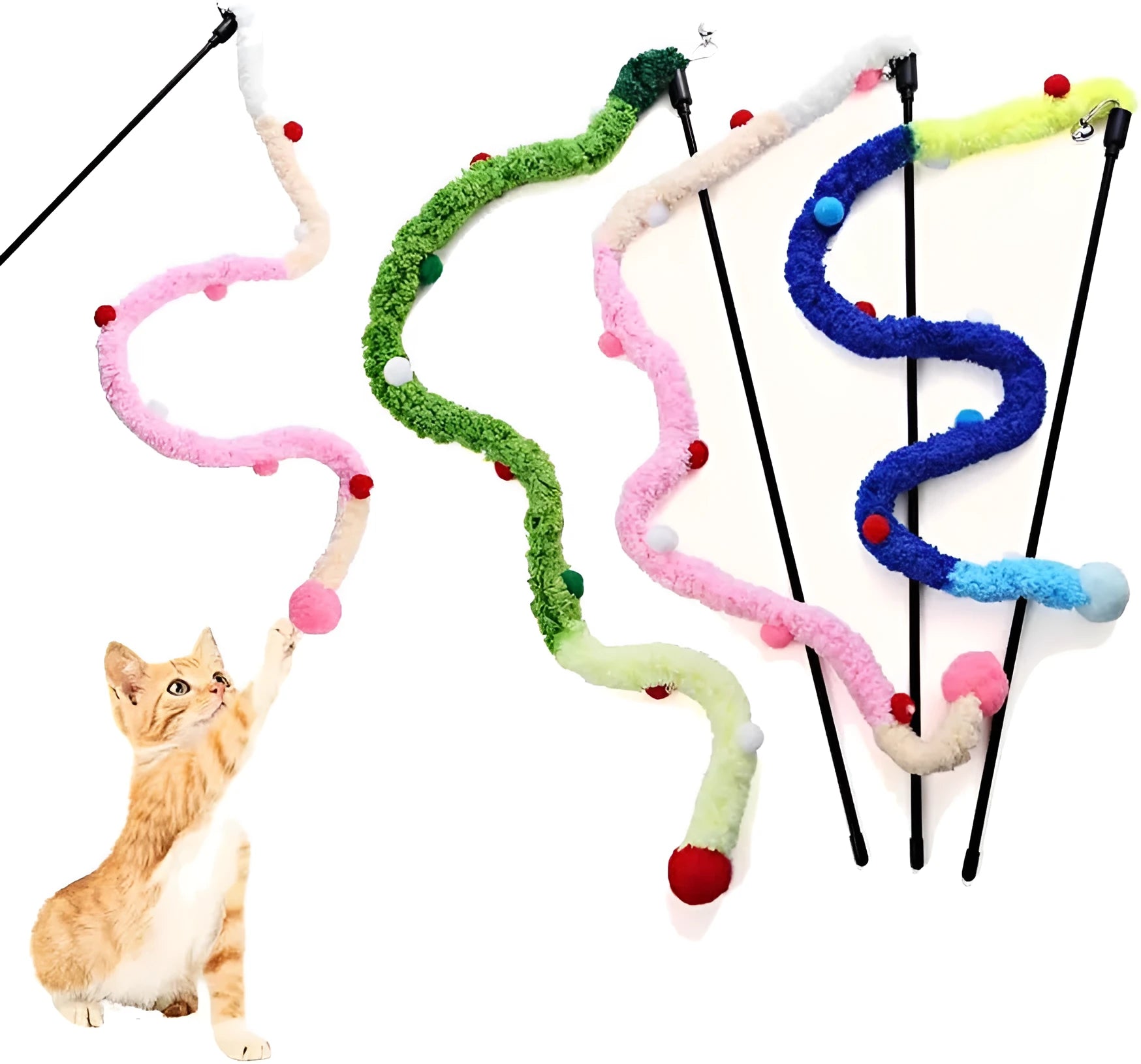 Blue green pink plush strip cat wand toy with 41cm pole and 60cm colourful strip with fluffy bell ball