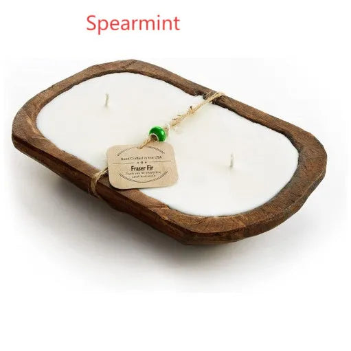 Retro wooden basin container with a triple-wick soy aromatherapy candle in lavender scent