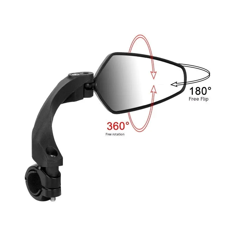Pair of black rotatable acrylic bicycle rearview mirrors for mountain bike handlebars showing left and right units