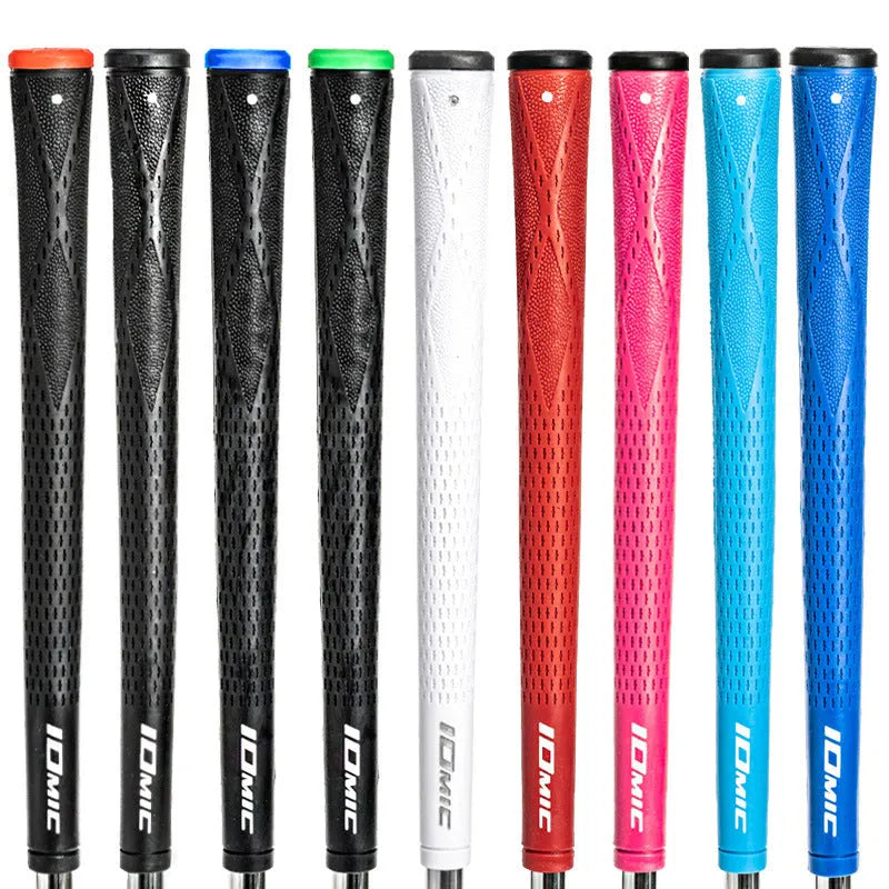 TPE rubber golf club grip in assorted colours including pink, red, blue, white, and black with coloured head accents.