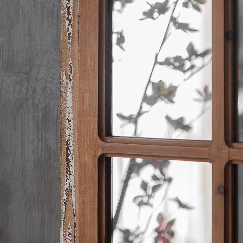 Terrace distressed wooden frame fake window wall mirror with glass panel in log colour