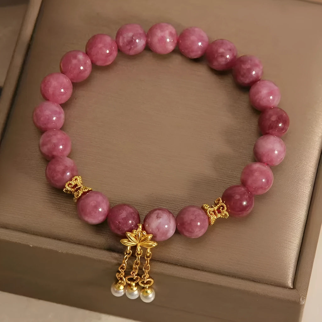 Pink lotus flower tassel bracelet with pearl pendant and natural stone beads