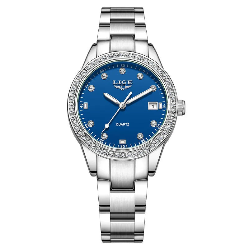 Women's fashion quartz watch with stainless steel case, diamond bezel, and luminous hands in silver colour options