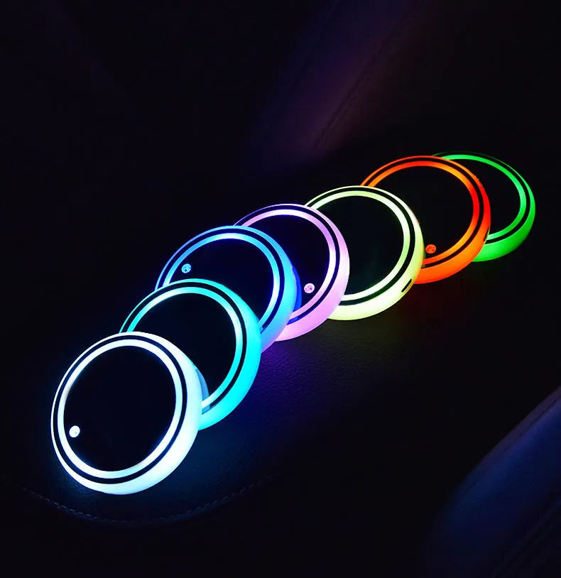LED light-up coaster for car cup holders showing colourful illumination and 68mm diameter