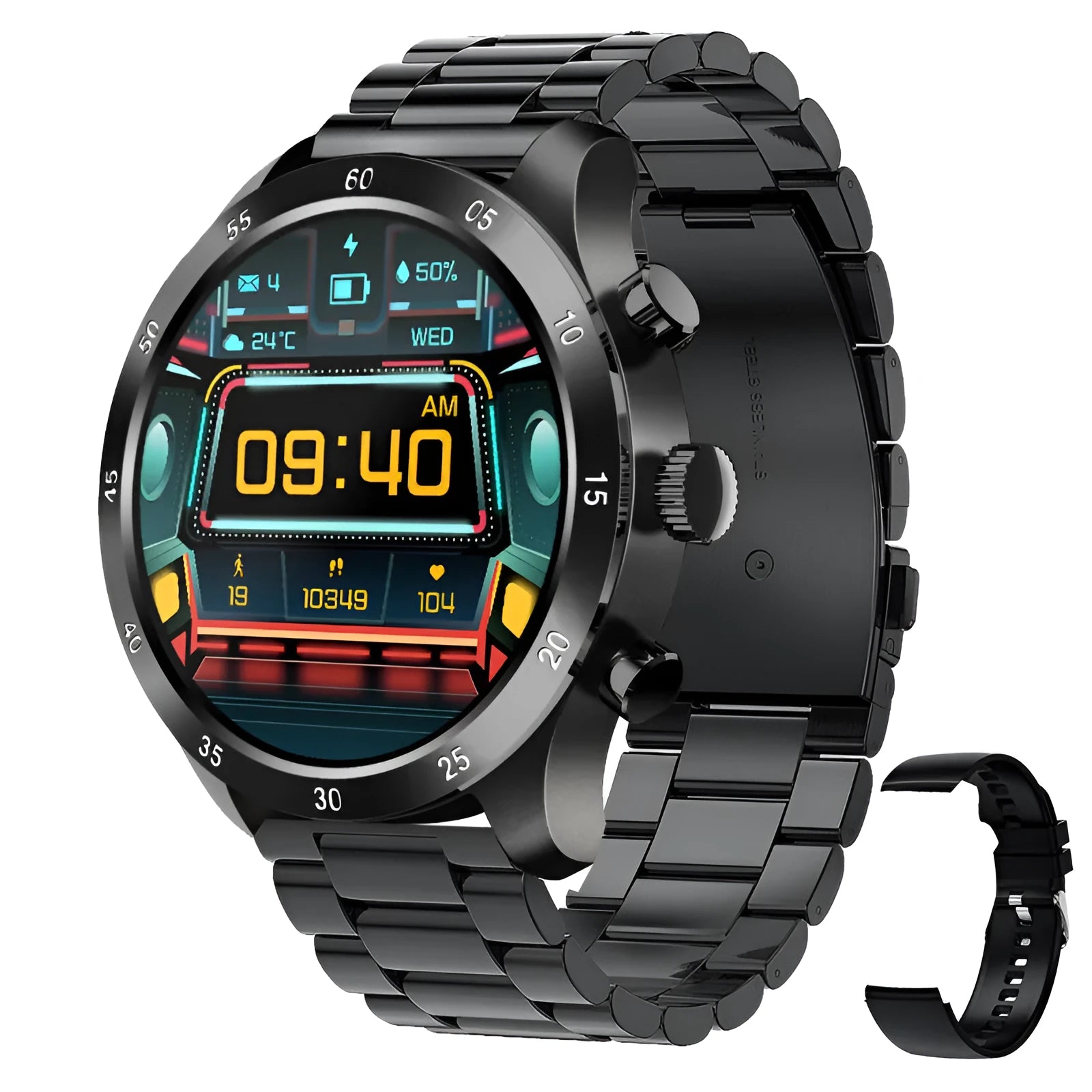 Black steel smart watch on wrist showing Bluetooth calling interface and health metrics.