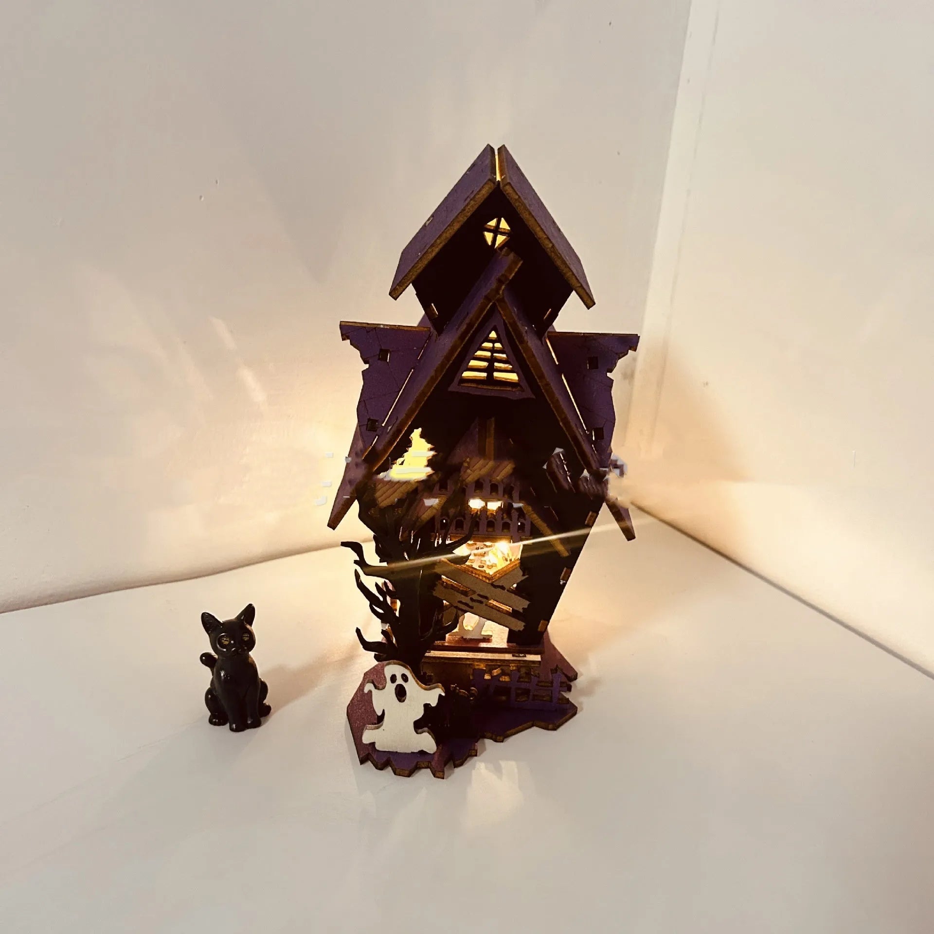 Wooden DIY glowing haunted house Halloween table decoration with candlestick holder function