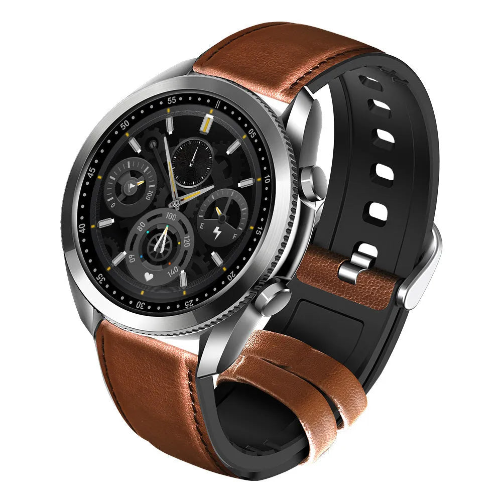 UM90 black smartwatch with large square screen and leather strap displaying heart rate data.