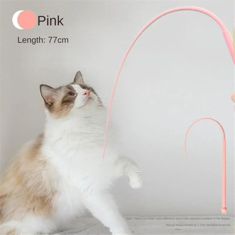 Blue silicone mouse tail cat toy with cat head handle showing 80cm length
