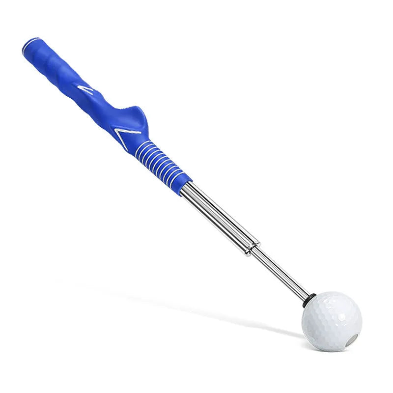Stainless steel telescopic golf swing trainer simulator in black, blue, or red.