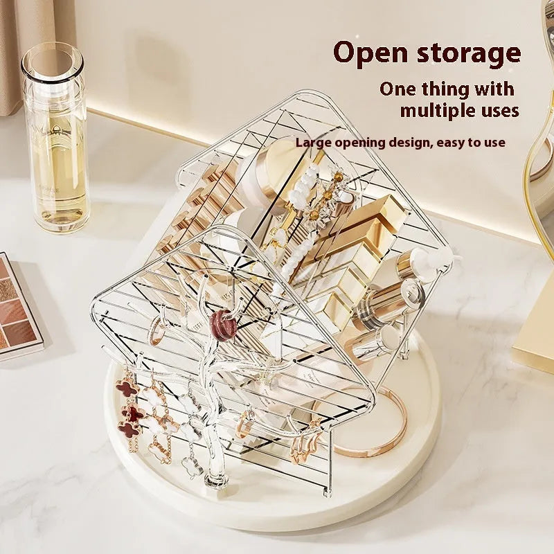 Rotating cosmetics storage box in clear and amber gold colours showing 360-degree rotation mechanism