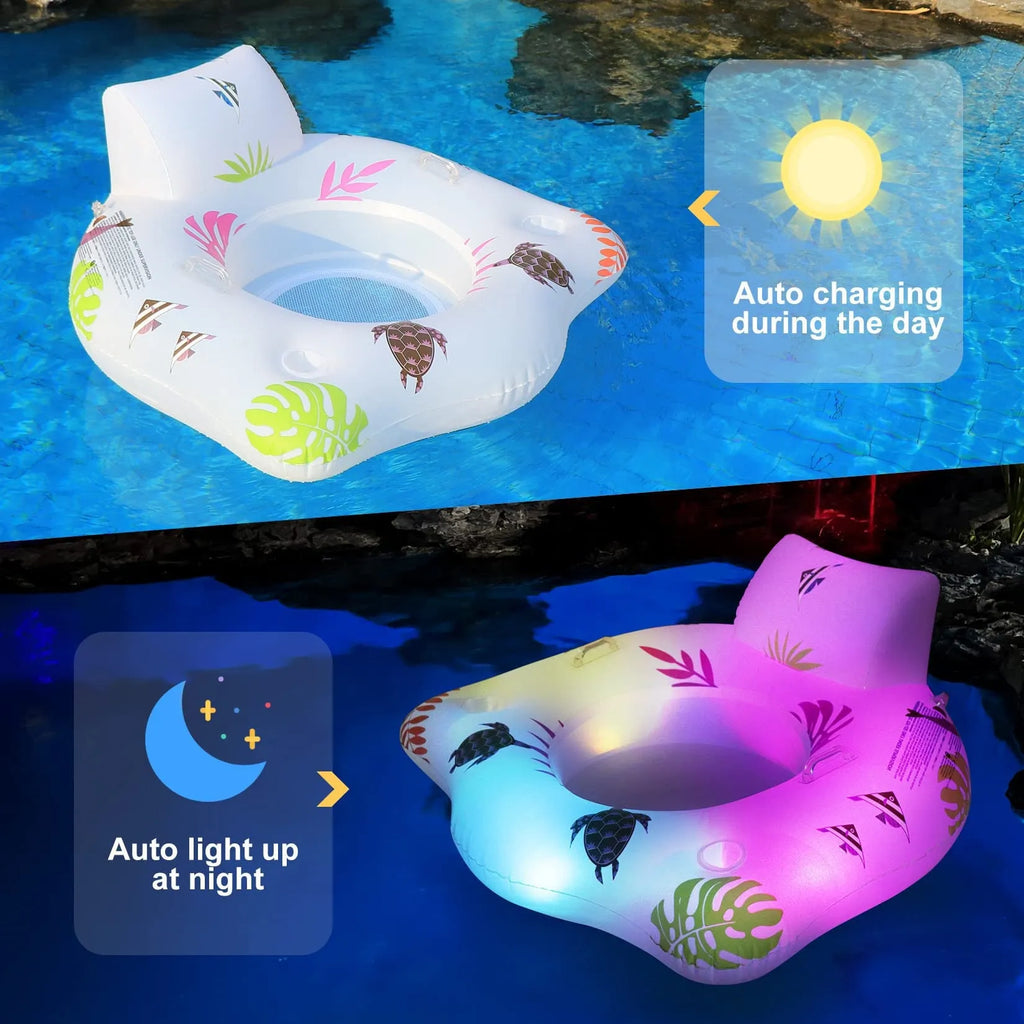White U-shaped inflatable pool float with LED lights illuminated on water
