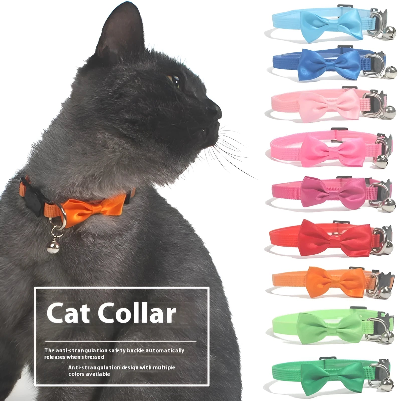 Adjustable nylon cat collar with decorative bow and bell in multiple colour options including red, blue, pink and green