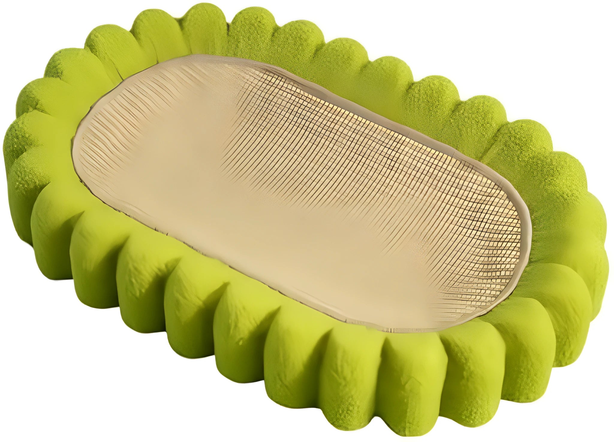 Green oval sisal cat scratching pad bowl serving as a cat bed and furniture protector