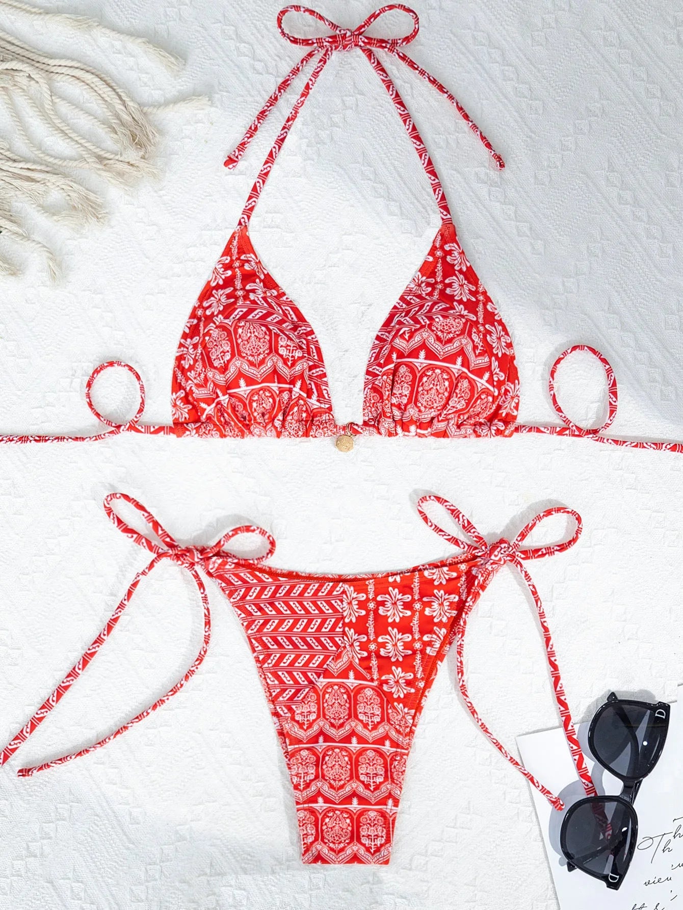 Women's split bikini swimsuit with bandage stitching in polyester fabric, available in multiple colours