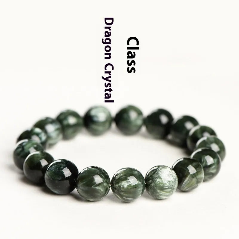 Green Dragon Crystal bracelet with 8-9mm round beads featuring geometric Ruyi design elements