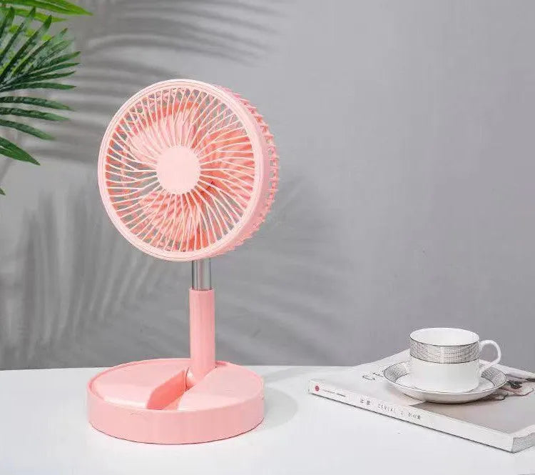 Black portable telescopic folding fan extended to full height showing ABS plastic body and aluminium alloy stand
