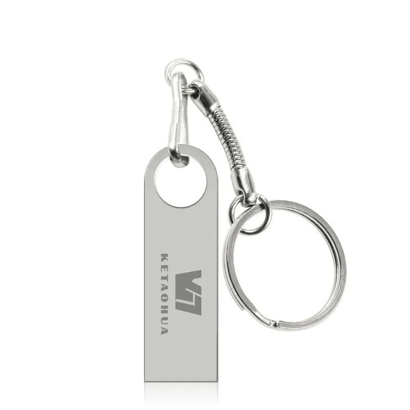 Silver metal car-shaped USB flash drive on a white background, showing USB connector.