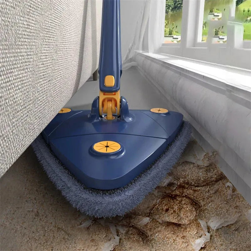 Blue extendable triangle cleaning mop with rotating head on a stainless steel pole for floors and walls.
