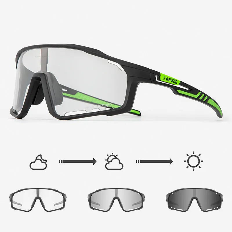Photochromic cycling sunglasses with a semi-rimless TR90 frame on a solid colour background.
