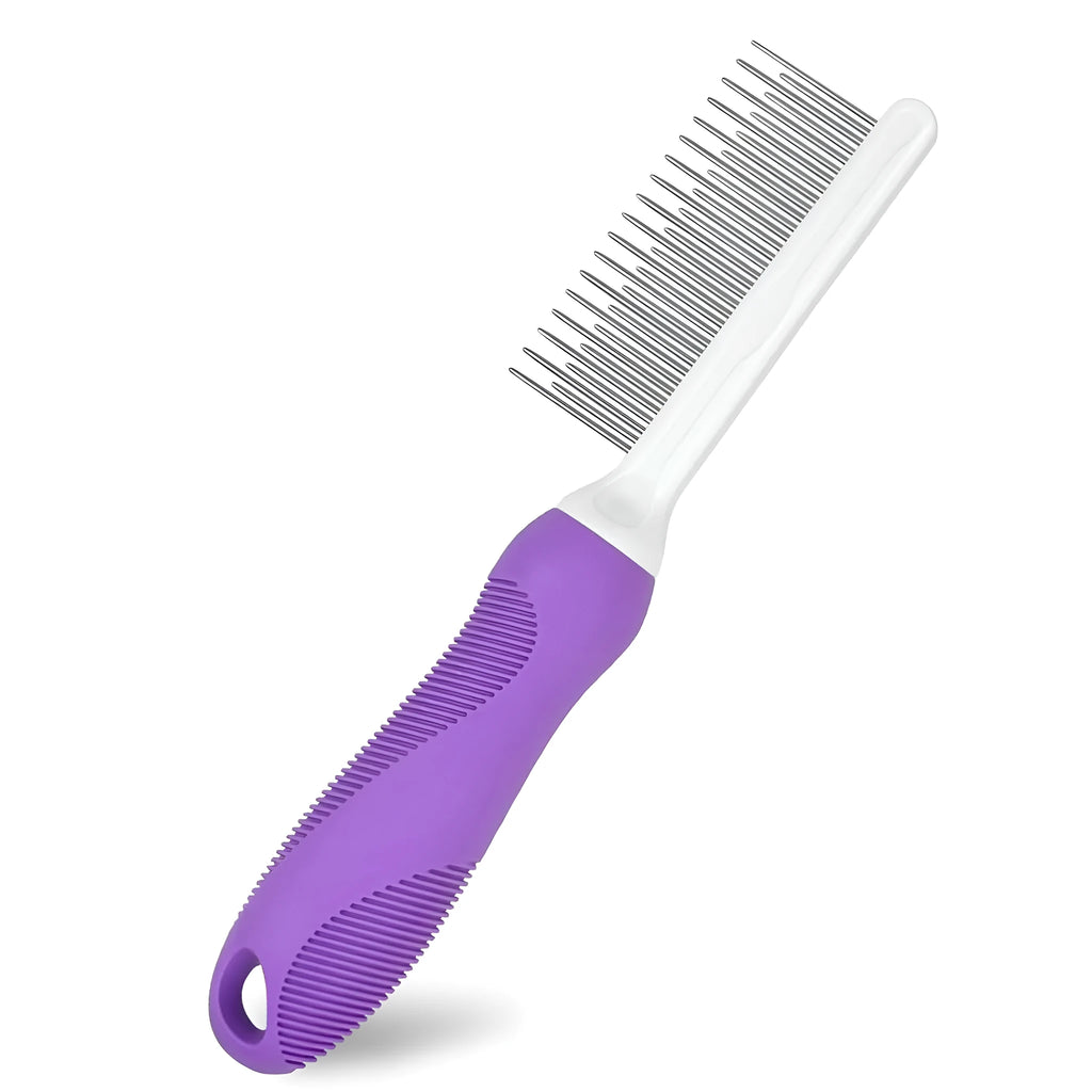 Purple pet detangling comb with stainless steel teeth and ergonomic handle for dog and cat grooming