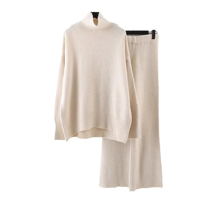 Women's casual acrylic fibre two-piece set with long-sleeve sweater and wide-leg trousers in solid colour.
