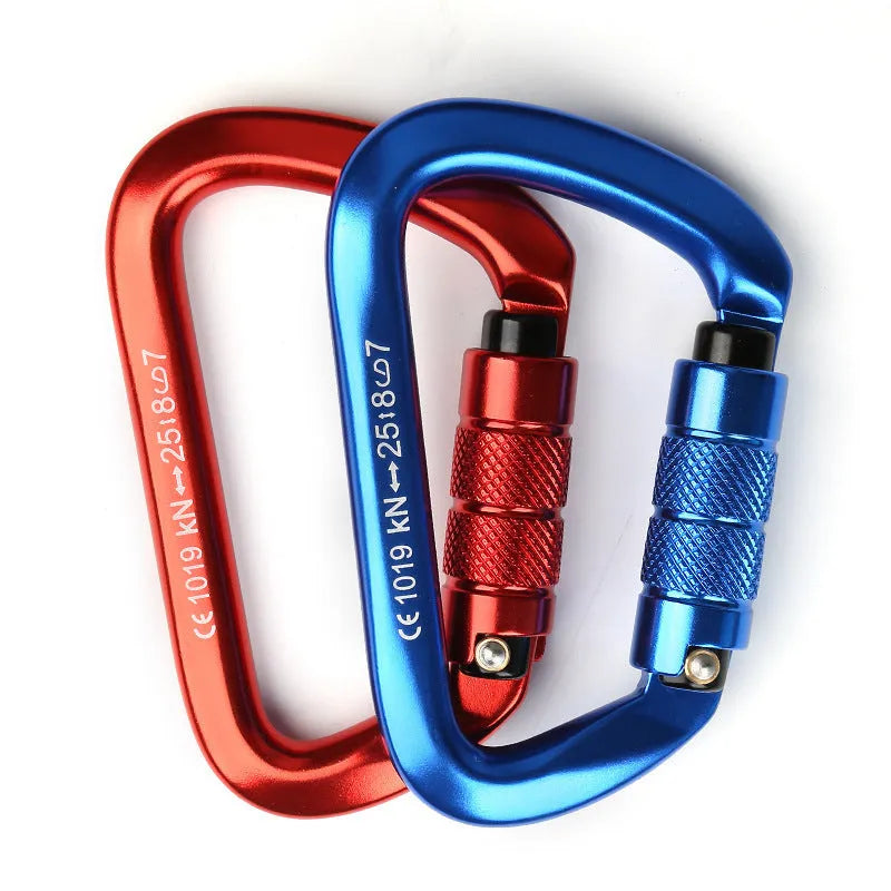 D-shaped rock climbing carabiner main lock with choice of threaded or automatic gate closure, shown in multiple colours.